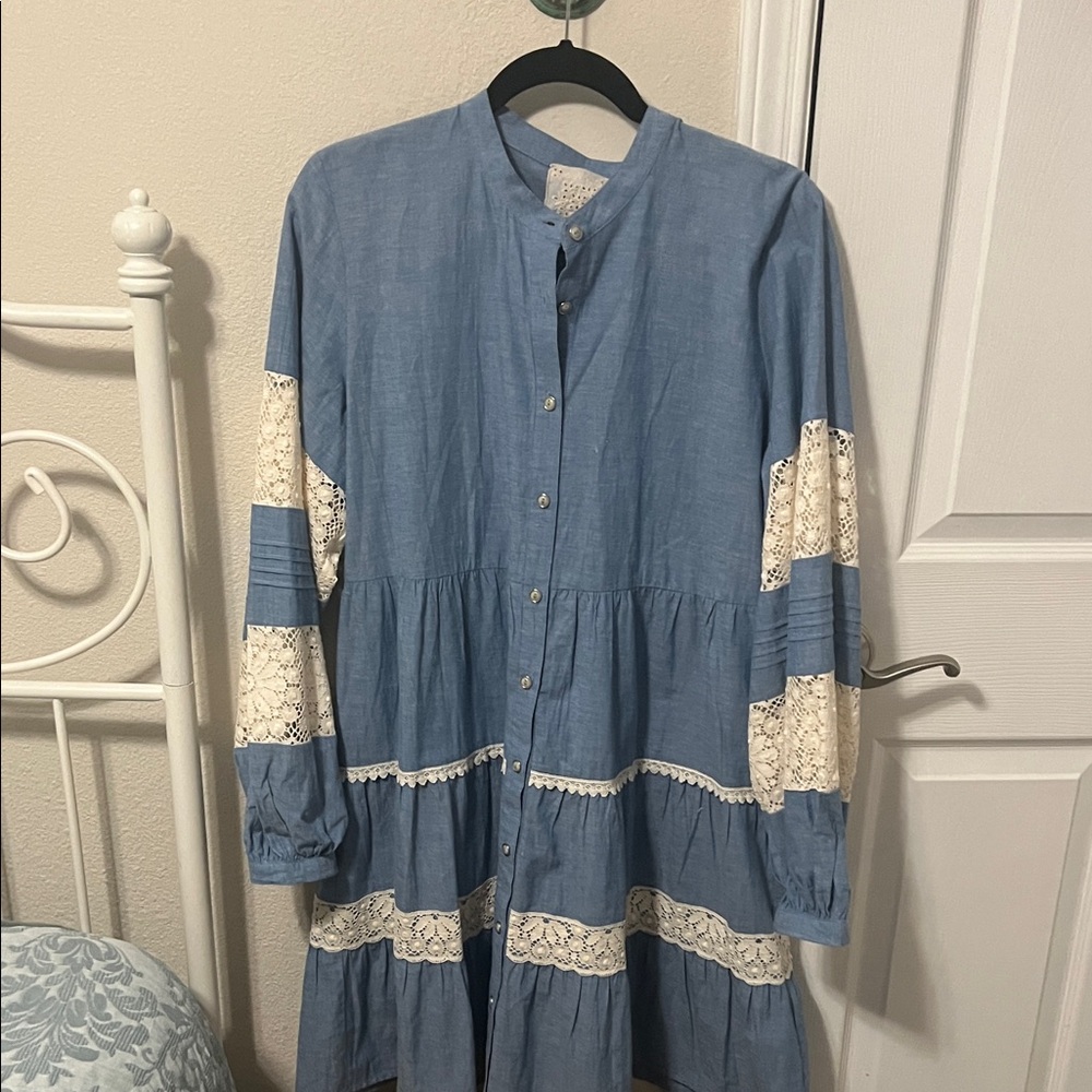 Johnny Was Light Blue Midi Dress with White Lace Trim